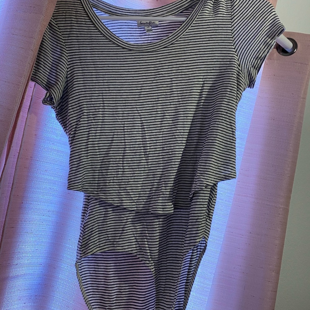 Striped body suit with flowy cropped shirt on top